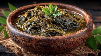 Delicious stewed collard greens with parsley garnish in rustic wooden bowl showing healthy and