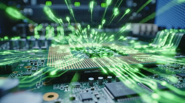 A close-up view of a sophisticated computer circuit board with vibrant green light trails illustrating rapid data transmission and digital information flow across intricate electronic pathways, symbo.