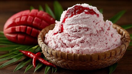 Delicious strawberry ice cream with strawberry sauce in a wicker bowl close up on wooden surface
