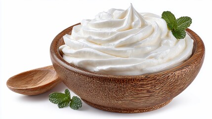 Delicious swirl of fresh cream in a wooden bowl offering a delightful culinary experience and