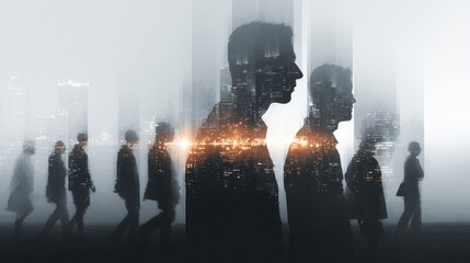 Silhouette of People Walking with Cityscape Overlay Representing Urban Life