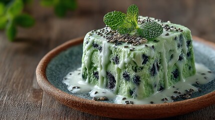 Delightful Homemade Green Tea Ice Cream Cake with Chia Seeds and Fresh Mint Garnish