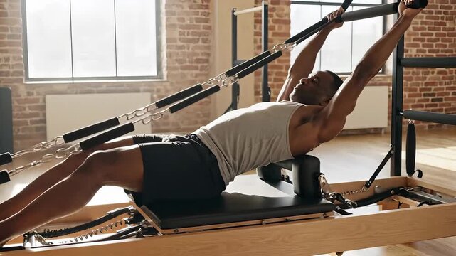 A focused and athletic young man is diligently performing a challenging Pilates exercise on a reformer machine in a bright, modern fitness studio, stretching his body and engaging his core muscles fo.