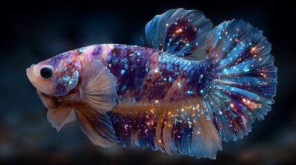 Detailed Close-Up of a Fantasy Betta Fish with Vibrant Colors and Sparkles