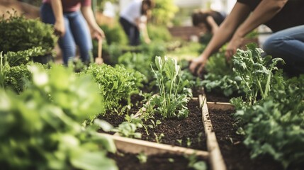 Volunteers cultivating crops and organic plants in a community garden, promoting healthy eating and sustainable living among neighborhood residents