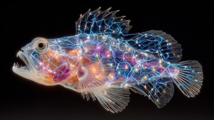 Detailed close-up of a transparent fish with glowing internal structures and intricate details