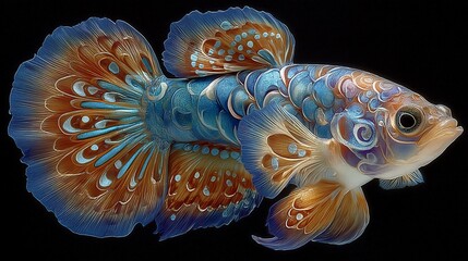 Detailed macro photograph of an ornamental Betta splendens fish with colorful fins