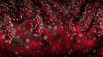 Close-up of red pine branches with water droplets and bokeh background.