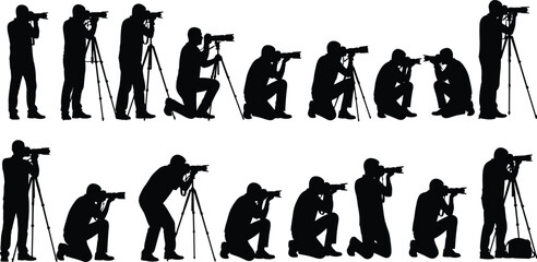 Photographer silhouettes collection, professional camera operators using tripods in various shooting poses, black vector illustration for photography, media, journalism, creative industry concepts © Shoentesh