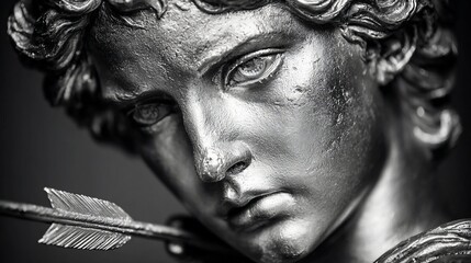Detailed monochrome portrait of cupid statue with arrow evoking classic love