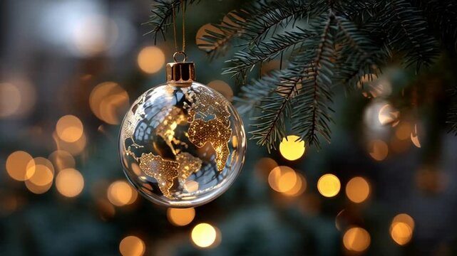 A close-up photorealistic shot of a clear Christmas ornament hanging on a tree branch with golden lights.