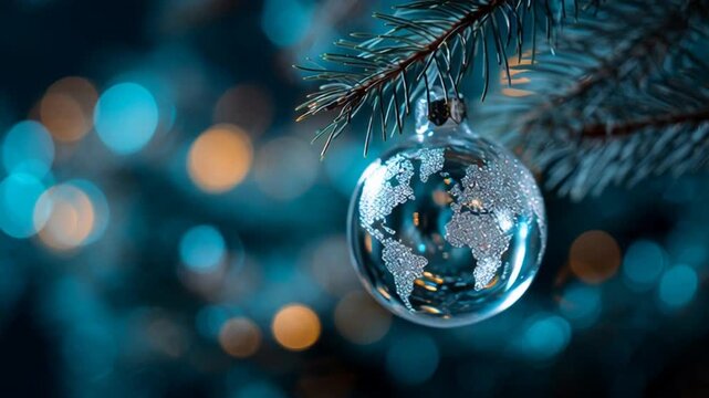 A close-up photorealistic shot of a clear Christmas ornament hanging on a tree branch with bokeh lights.