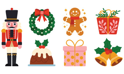 Fototapeta premium Christmas wreath snowman gingerbread man santa claus nutcracker gifts cupcake and traditional decorations in a merry christmas and happy new year vector flat elements set