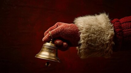 A gloved hand wearing a red knit sleeve with white fur cuff holds a small brass bell.