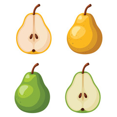 Abstract icon illustration of whole ripe pear sliced half vector logo design perfect for card label natural tasty food pattern fresh sweet fruit themed visuals