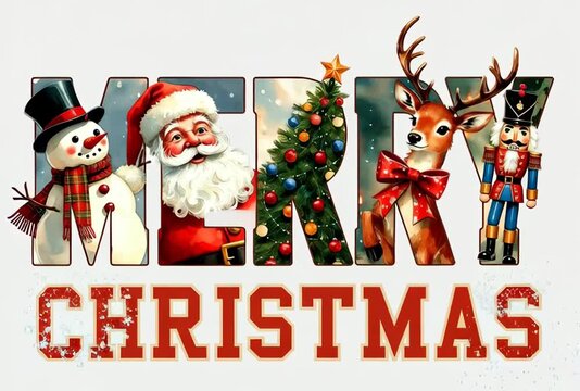 Festive Merry Christmas Text Animation with Santa Claus, Reindeer, Snowman, and Nutcracker Design