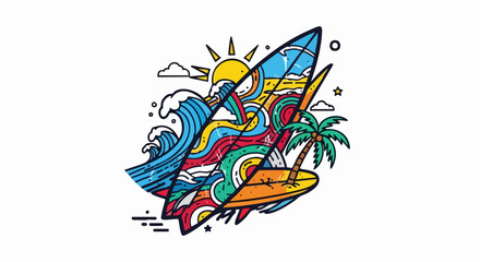 Obraz premium Colorful surfboard with ocean waves and palm tree illustration.