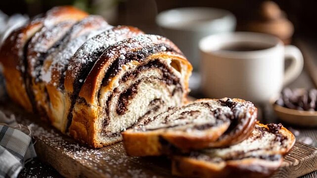 A freshly baked braided chocolate babka loaf sits on a wooden board with coffee