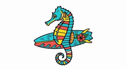 Colorful cartoon seahorse character holding a tropical surfboard.