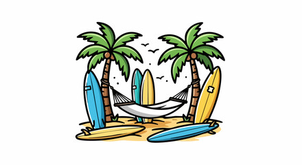 Obraz premium Tropical Beach Paradise with Palm Trees Surfboards and Hammock.