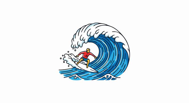 Dynamic cartoon illustration of a surfer riding a big blue wave.