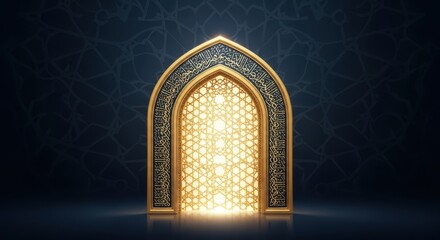 Mystic portal illuminating faith with intricate arabic design and golden light