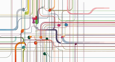 Colorful intersecting lines and dots on white background, abstract graphic illustration with multicolored wires and connections