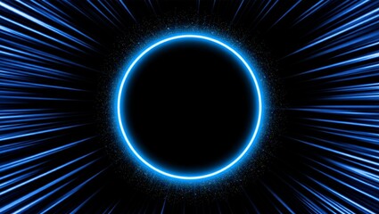 Blue neon glowing circle with light trails, radiating speed and futuristic energy through an abstract space tunnel
