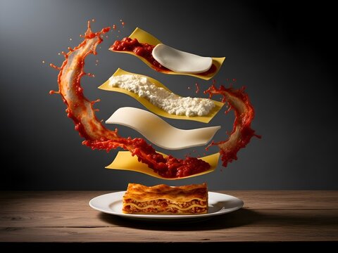 Lasagna ingredients suspended over a plated slice splashing sauce