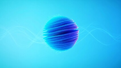 Abstract glowing sphere creating dynamic ripple waves on a blue background, representing data, sound, and digital technology concepts