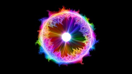 Abstract fractal light glowing with spectrum colors creating a vibrant energy field on a black background