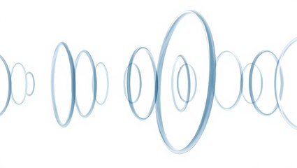 Blue translucent rings propagating in waves on a white background creating an abstract sound or energy ripple effect