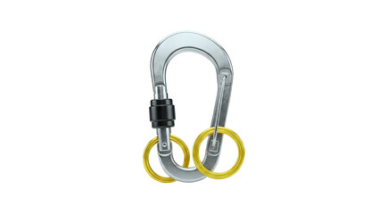 Obraz premium Silver Carabiner with Gold Rings Isolated on White Background