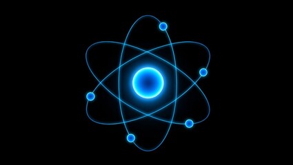 Atom model showing electrons orbiting a glowing nucleus, representing science, physics, and energy concepts