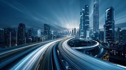 A high-angle view of a futuristic cityscape at twilight featuring a highway interchange.