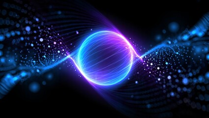 Digital sphere of energy glowing with blue and purple light, surrounded by streaming particles and abstract waves