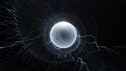 Glowing sphere radiating electrical energy and abstract lightning with a network of particles on a dark background