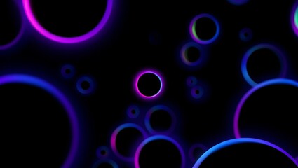Glowing neon circles creating an abstract pattern on a dark background, vibrant futuristic effect