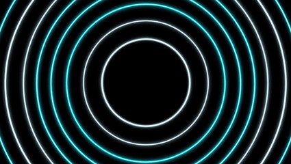 Glowing concentric neon light circles creating an abstract radial tunnel effect on a black background