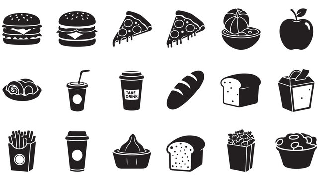 Black and White Food Icons Set with Burger, Pizza, Apple and Fries, Coffee
