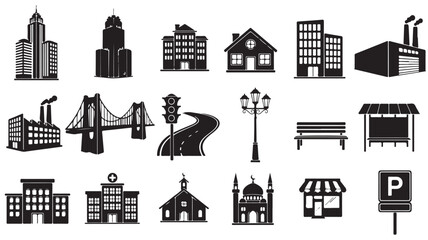 Fototapeta premium City Buildings Icons Set with Road and Transportation Symbols