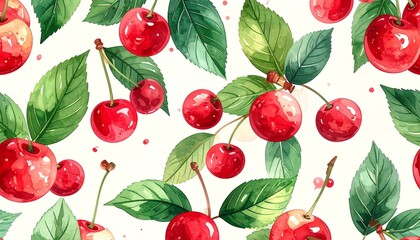 Watercolor cherries and leaves pattern on white background