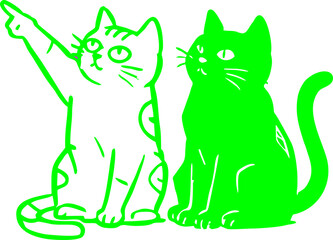 Neon Green Line Art Illustration of Two Sitting Cats.