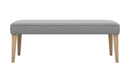 A modern upholstered dining bench in gray fabric with wooden legs.