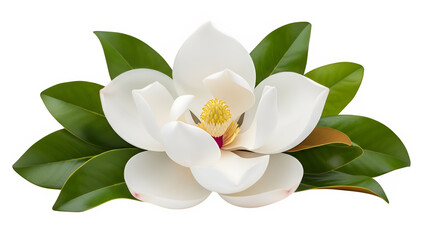 Fototapeta premium Magnolia flower blossom with leaves, isolated on white or transparent background. PNG