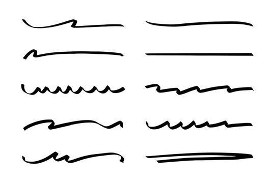 Set of hand drawn black marker brush strokes and underline swoops