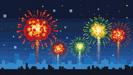 Pixel Art Fireworks Over City Skyline in Retro Game Style