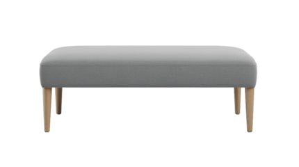 A modern upholstered dining bench in gray fabric with wooden legs.