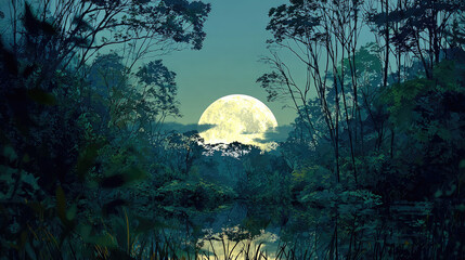 Moonlit river flowing through dense forest concept. A serene landscape at night with a full moon and lush vegetation.