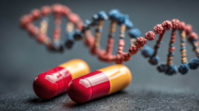 The future of personalized medicine with pharmaceutical pills and a DNA helix symbolizing genetic treatment and scientific research